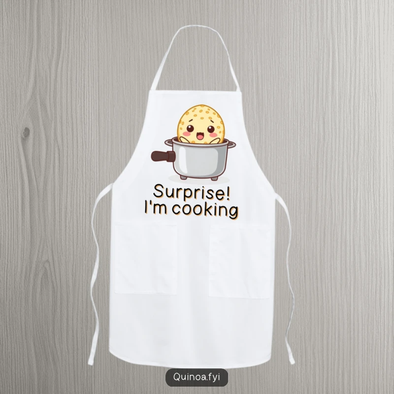 Funny apron illustration of a surprised quinoa grain popping out of a tiny cooking pot, a playful kitchen accessory.