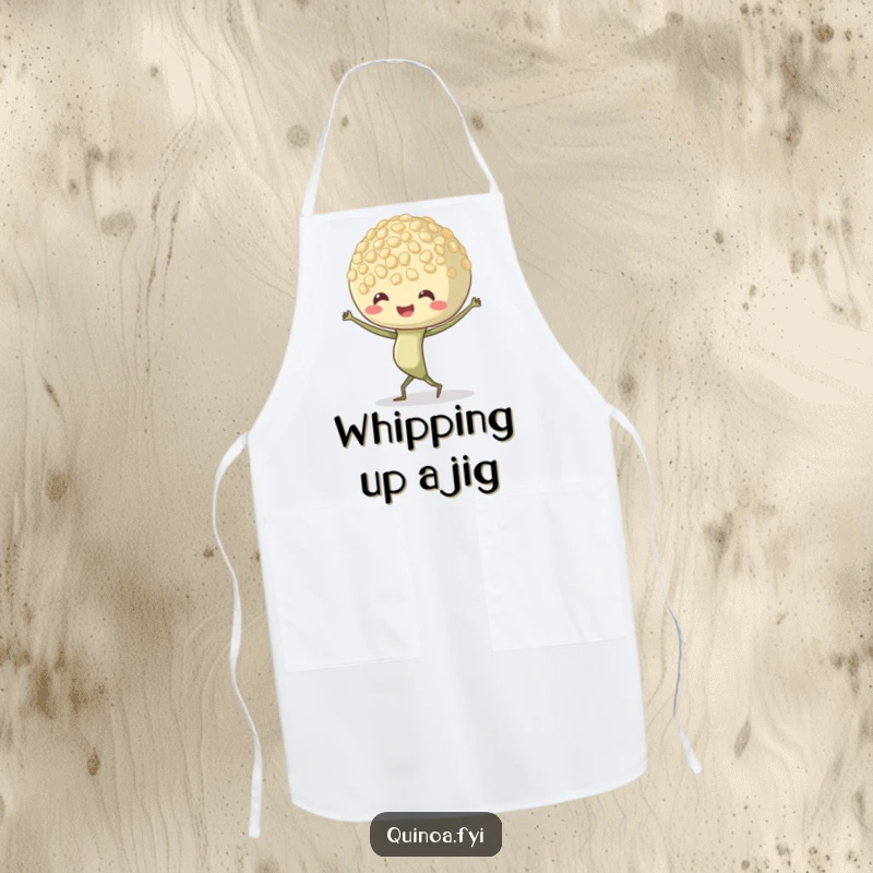 Funny Quinoa Sprout Apron depicting a dancing character with lively, wiggling roots, perfect for keeping clean while adding kitchen whimsy.