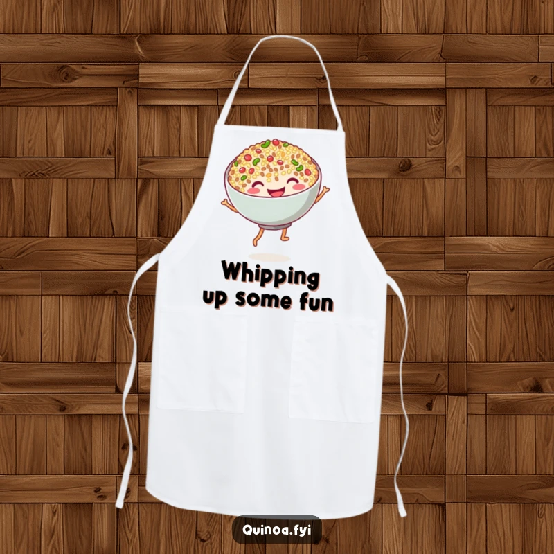 Funny quinoa dance apron featuring a happy bowl of quinoa with noodle legs busting a move, perfect for a fun cooking experience.