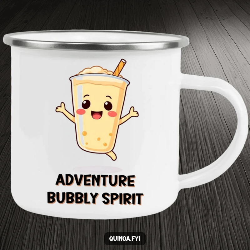 Funny Quinoa Drink Camping Mug, a bubbly smiley face character joyfully leaping, perfect for outdoor funny gifts.