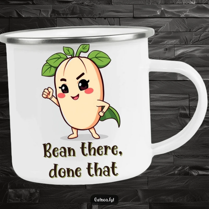 Funny camping mug featuring a winking anthropomorphic legume in a superhero stance, designed for outdoor humor and durability.