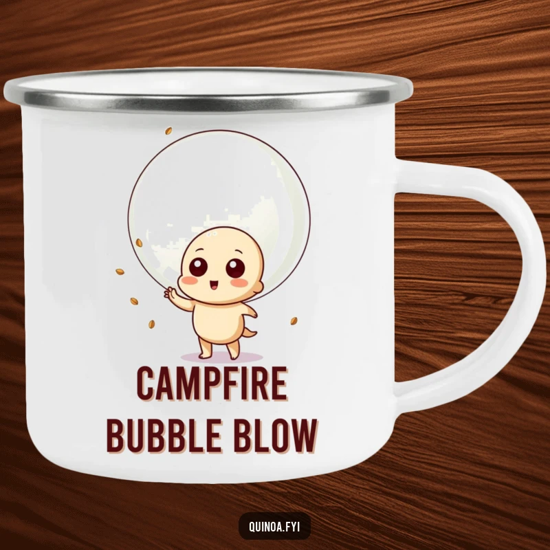 Funny camping mug with a playful quinoa character blowing a giant bubble with quinoa seeds, perfect for cheerful outdoor moments.