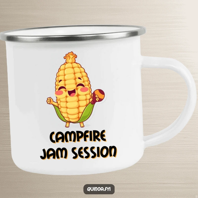 Funny camping mug with a happy anthropomorphic corn kernel playing maracas, perfect for outdoor trips and bringing a festive vibe.