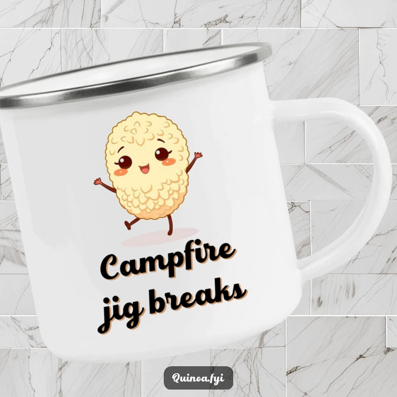 Funny camping mug with a joyful quinoa grain with legs doing a little jig, perfect for outdoor fun.