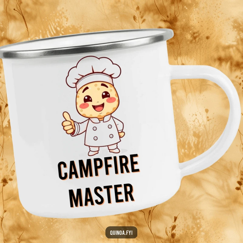Funny quinoa chef camping mug where a smiling chef made of quinoa gives a thumbs up outdoors.