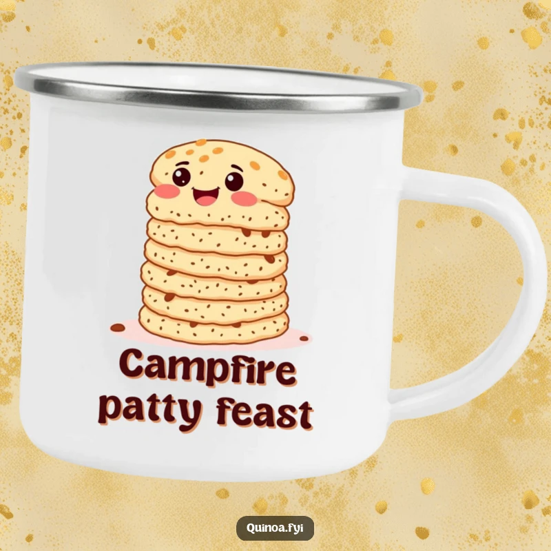 Funny Quinoa Patties Camping Mug with delightedly wiggling patties, perfect for outdoor enjoyment and humorous conversations.