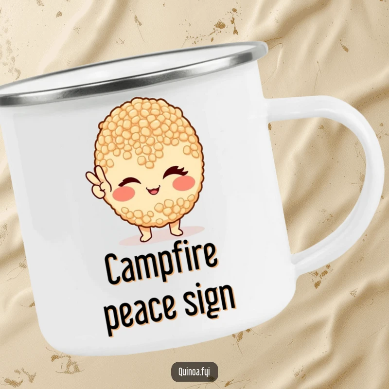 Funny camping mug shows a winking quinoa grain flashing a peace sign, perfect for healthy adventurers.