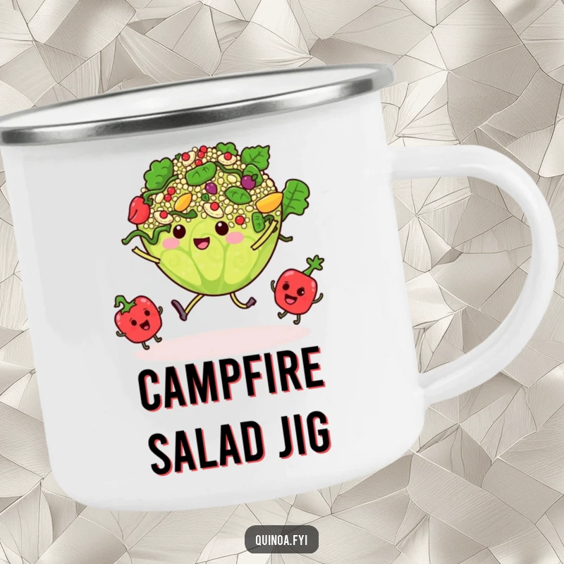 Funny camping mug shows a quinoa salad dancing with tiny, swaying vegetable characters, perfect for outdoor feasts.