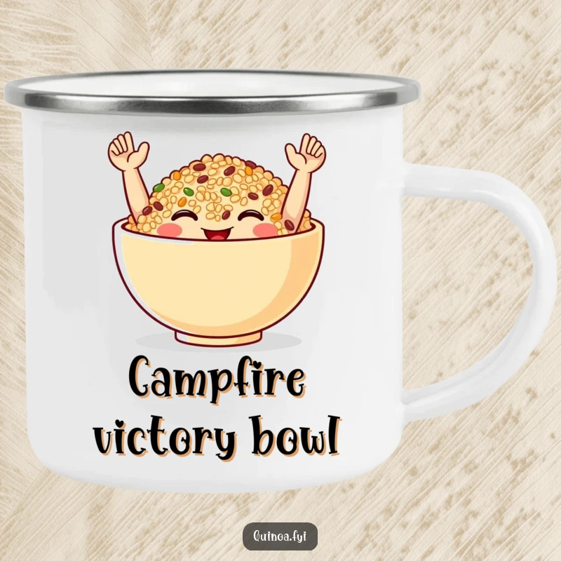 Funny Camping Mug with a smiling quinoa bowl in a celebratory pose, perfect for bringing cheer to outdoor adventures.