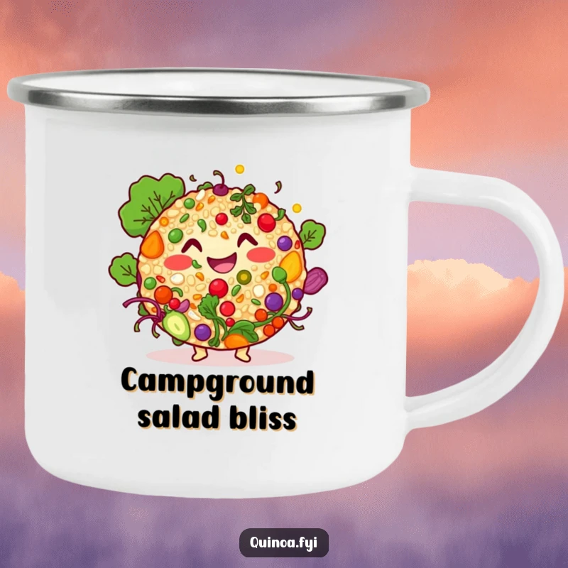 Funny quinoa salad character camping mug, smiling with colorful ingredients, perfect for enjoying drinks during outdoor adventures.