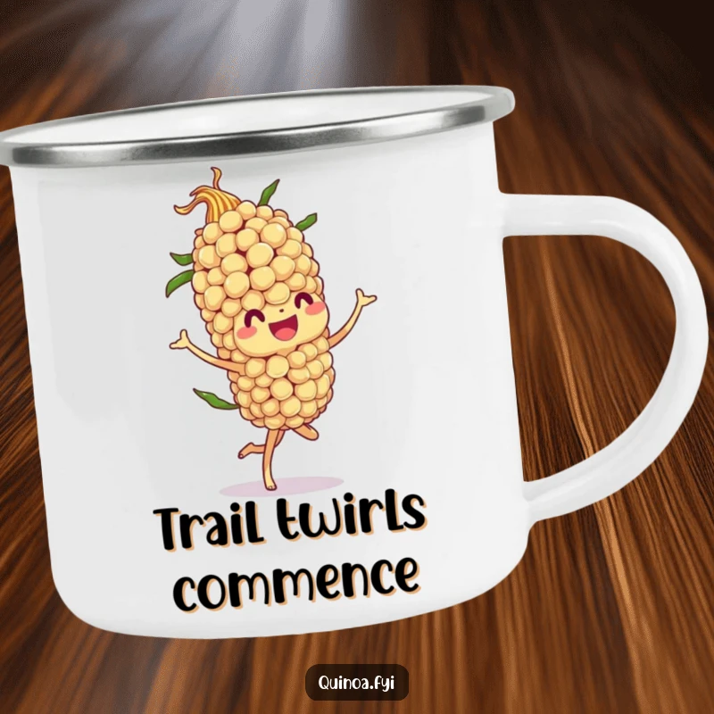 Funny camping mug with a jovial quinoa stalk character performing a flamboyant twirl, durable and cheerful for outdoor use.