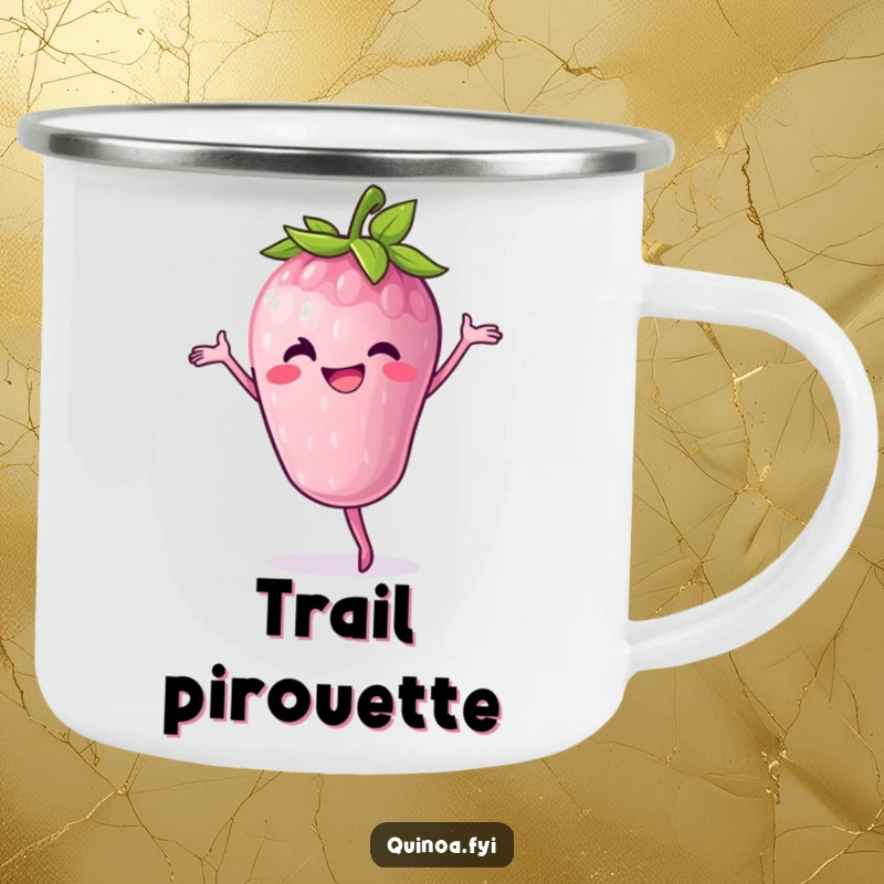 Funny Camping Mug: A cheerful anthropomorphic berry with a grin pirouettes, perfect for outdoor enjoyment.