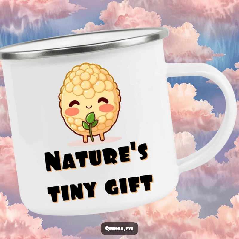 Funny camping mug showing a blushing quinoa character shyly offering a small sprout, perfect for tender outdoor moments.
