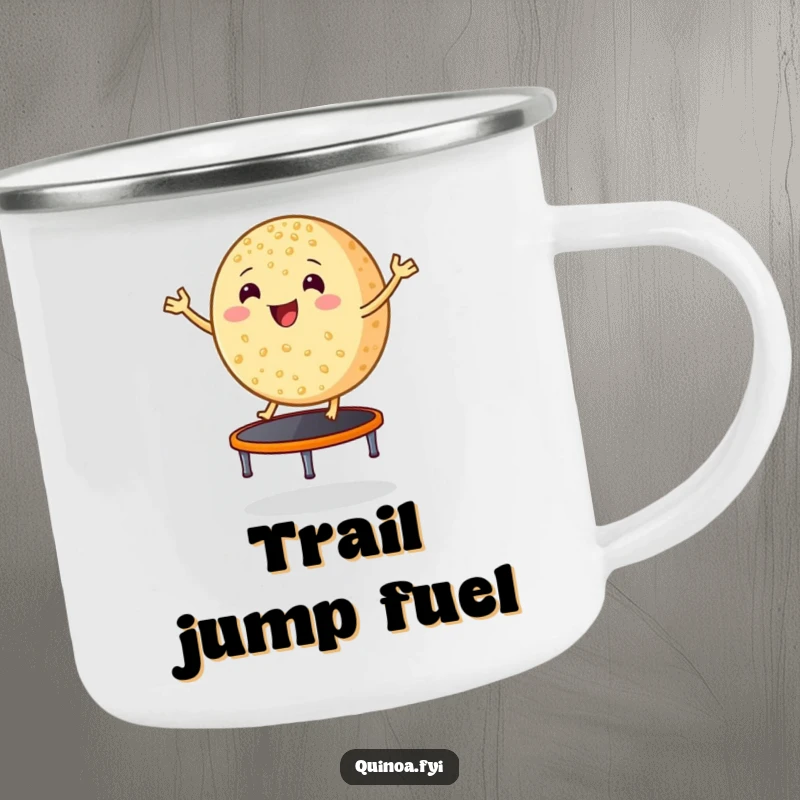 Funny smiling, round grain of quinoa bouncing excitedly on a tiny trampoline, enamel camping mug, perfect for enjoying drinks outdoors.
