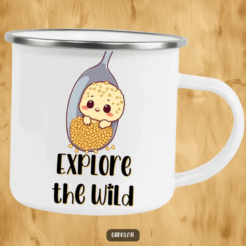 Funny camping mug showing a curious quinoa character peeking around a large spoon, perfect for outdoor discovery.
