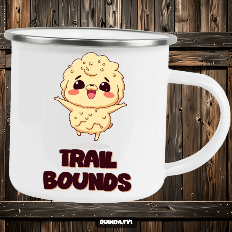 Funny camping mug showcasing a giggling quinoa character bouncing with excitement, perfect for outdoor enjoyment.