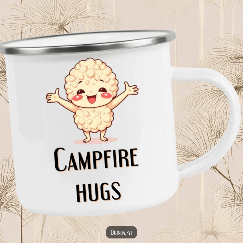Funny camping mug showing a happy quinoa character with outstretched arms, offering a warm welcome outdoors.