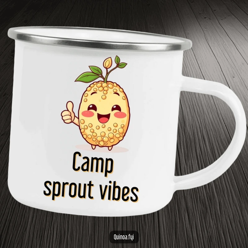 Funny camping mug showing a happy quinoa character with a sprout, giving a thumbs-up, perfect for outdoor positivity.