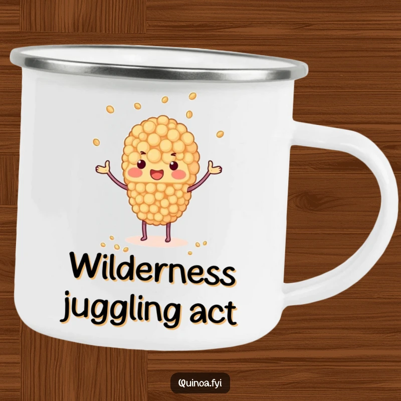 Funny camping mug with a quinoa cluster juggling tiny grains, durable and humorous for outdoor use, a great funny gift.