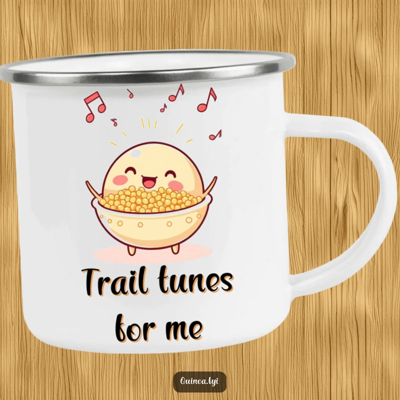 Funny beaming, anthropomorphic quinoa dish with musical notes floating camping mug, celebrating healthy food and outdoor music.