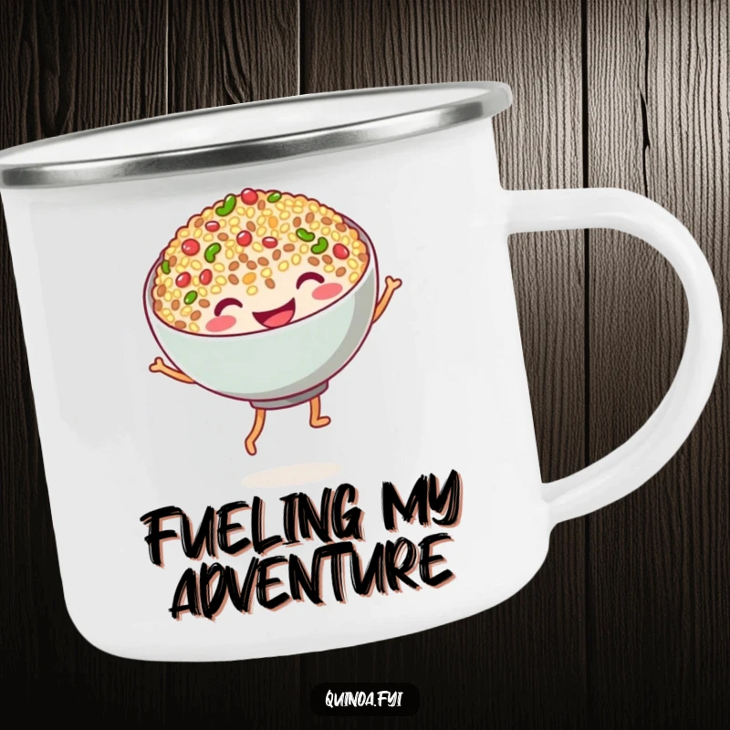 Funny quinoa dance camping mug featuring a happy bowl of quinoa with noodle legs dancing, ready for outdoor adventures and morning brews.