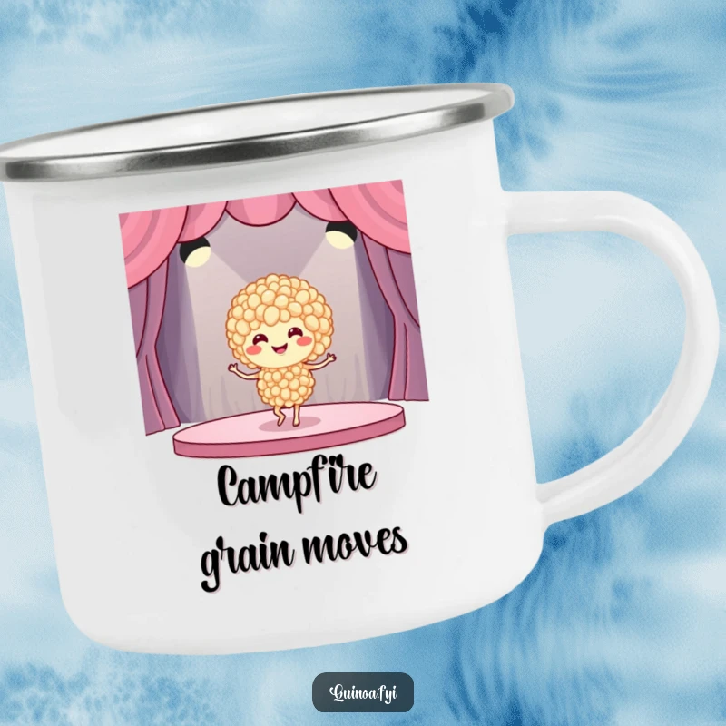 Funny quinoa dancer camping mug featuring a smiling quinoa grain cluster in a playful dancing pose, perfect for outdoor hydration and humor.