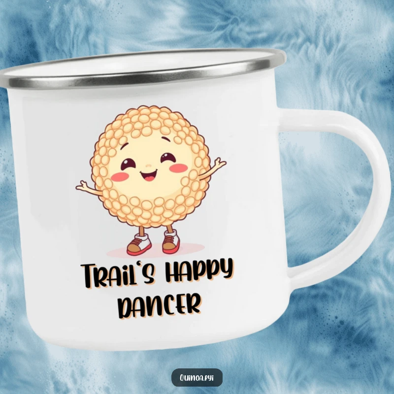 Funny camping mug with a happy quinoa grain wearing tiny shoes and spinning, durable and humorous for outdoor use, a great funny gift.