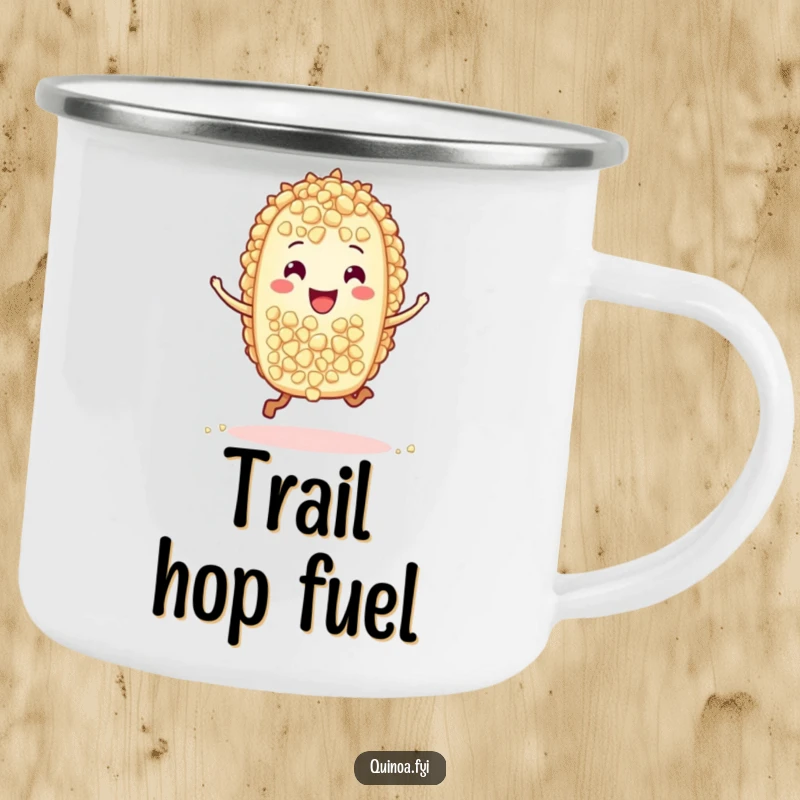 Durable, funny camping mug featuring a cheerful, hopping quinoa grain character, perfect for enjoying beverages on the go with a touch of humor.