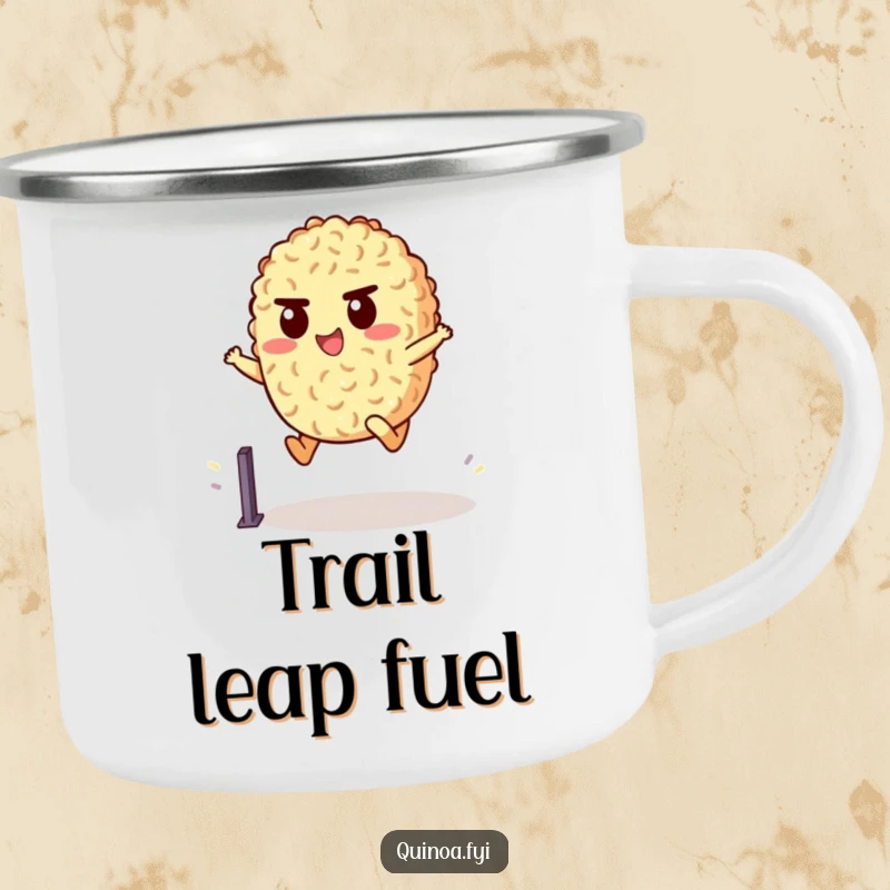 Funny Camping Mug with a determined quinoa character leaping over a hurdle, perfect for bringing motivation to outdoor adventures.