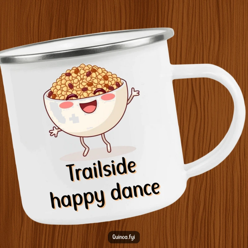 Funny Quinoa Camping Mug: A smiling anthropomorphic quinoa bowl with legs joyfully jigging, perfect for outdoor beverage enjoyment and humor.