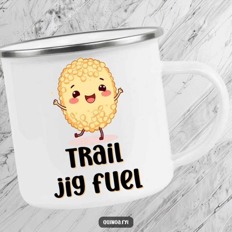 Funny Camping Mug showcasing a happy quinoa grain doing a lively jig under the stars, ideal for humorous outdoor adventures.