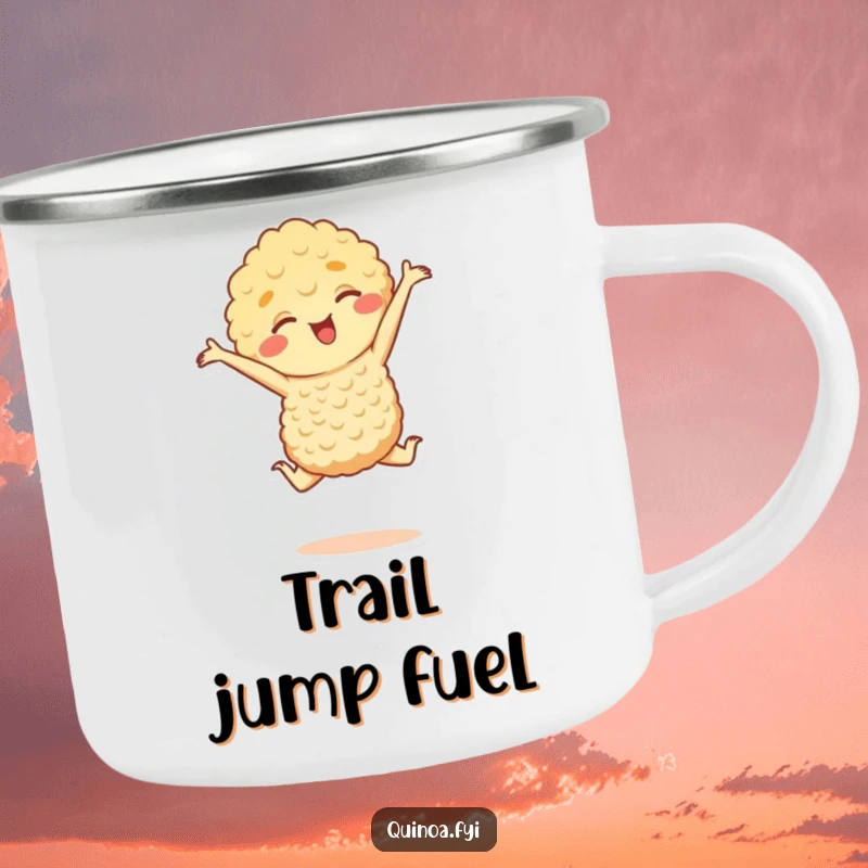 Funny camping mug showing a happy quinoa character leaping, ideal for outdoor drinks and a dose of humor, a cool funny gift.