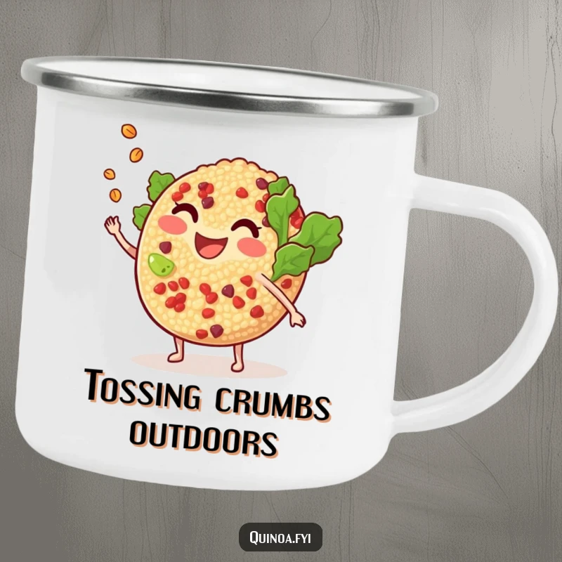 Funny smiling, anthropomorphic quinoa salad tossing a tiny grain camping mug, perfect for enjoying drinks outdoors with a playful food theme.
