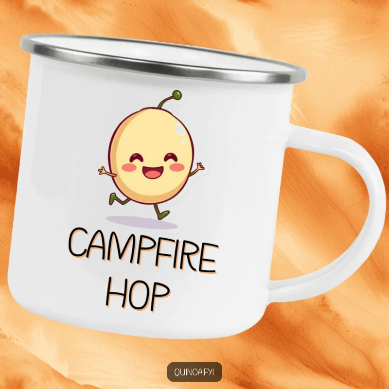 Funny camping mug featuring a smiling anthropomorphic seed doing a playful hop, perfect for outdoor enjoyment.