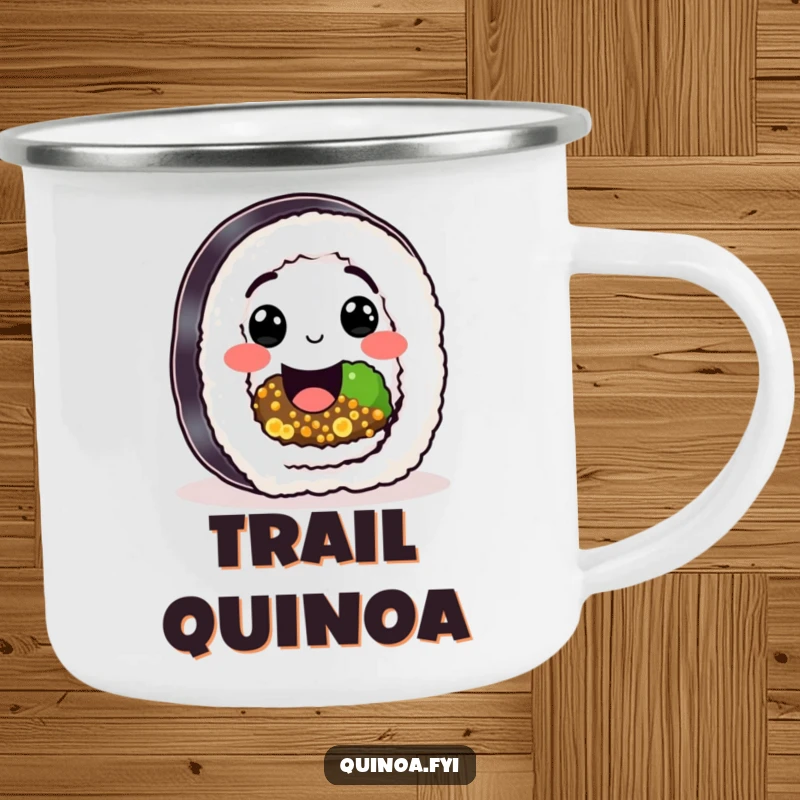 Funny Sushi Quinoa Roll Camping Mug featuring a happy character with quinoa filling and a big smile, a humorous outdoor gift.