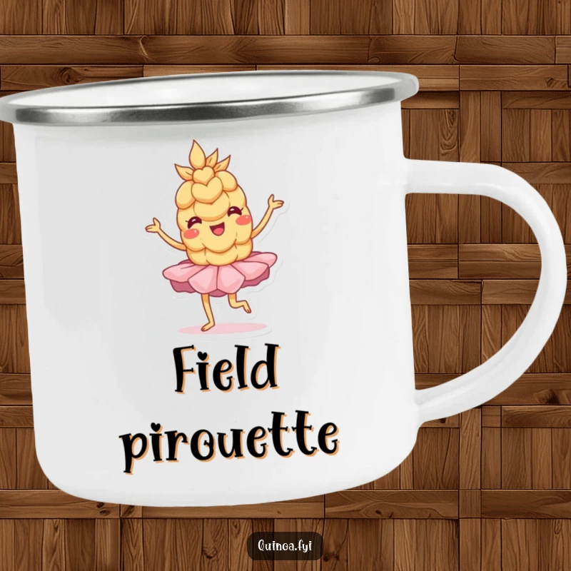 Funny Camping Mug: A wobbly anthropomorphic wheat grain in a tutu strikes a playful pose, perfect for outdoor enjoyment.
