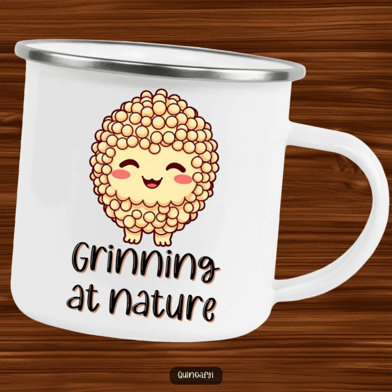 Funny camping mug featuring a smiling quinoa cluster character with a cheeky grin, designed for outdoor fun and cheeky sipping.