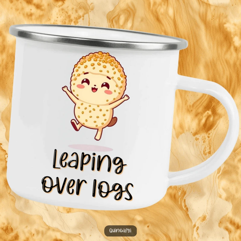 Funny happy anthropomorphic serving of quinoa leaping, bringing energy to your outdoor adventures.