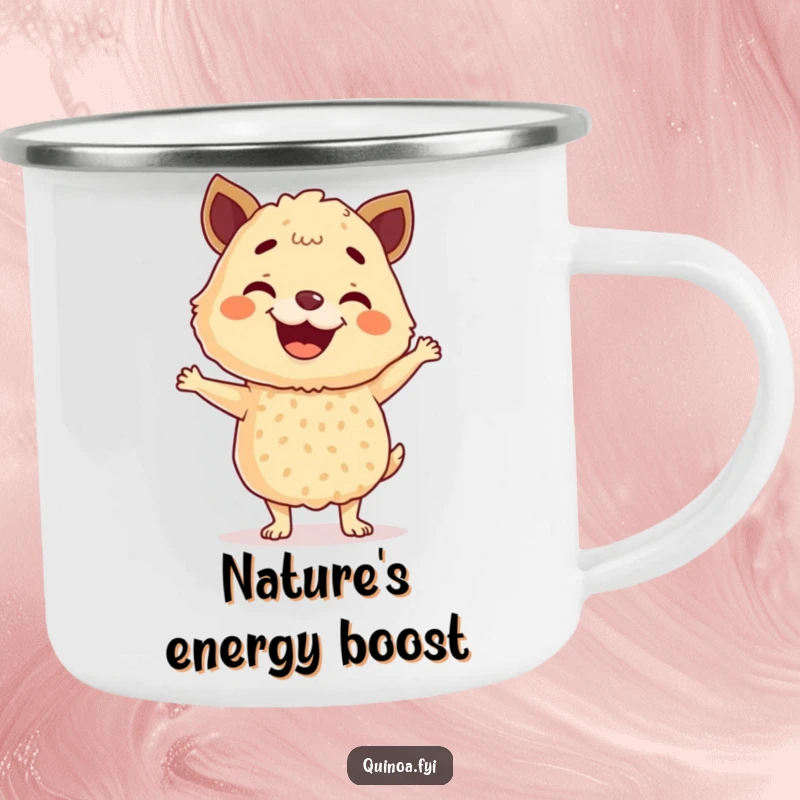 Funny Quinoa Camping Mug depicting a cheerful anthropomorphic quinoa blend doing a happy dance, ready for outdoor adventures and warm drinks.