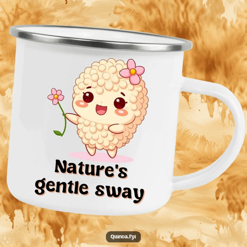 Funny camping mug shows a happy quinoa grain with a flower, swaying gently, perfect for serene campers.