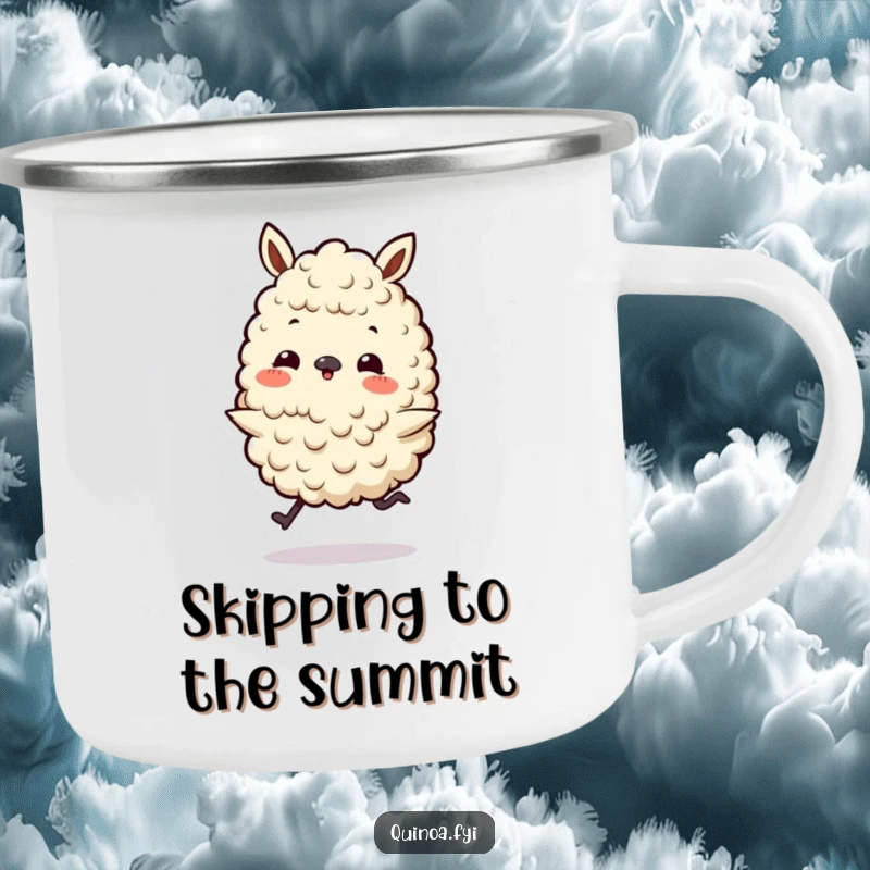 Funny camping mug with a playful quinoa character on tiny legs doing a happy skip, durable and cheerful for outdoor use.