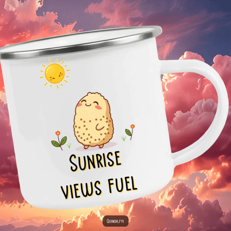 Funny camping mug with a contented quinoa character looking up at a smiling sun graphic, durable and cheerful for outdoor use.