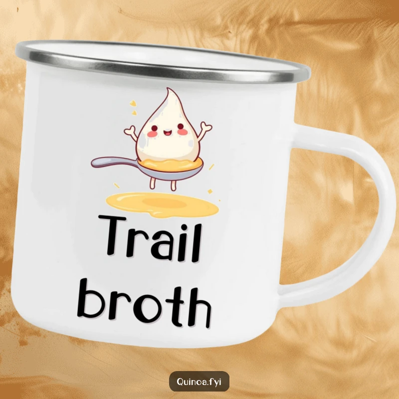 Funny camping mug featuring a joyful anthropomorphic broth droplet riding a miniature spoon, perfect for outdoor beverage enjoyment.
