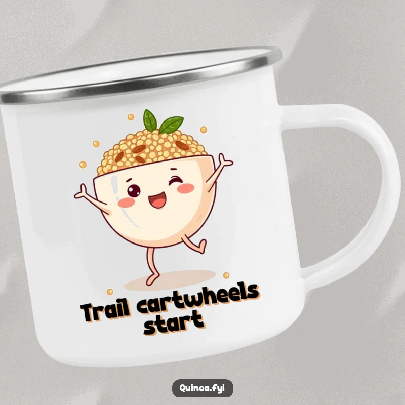 Funny camping mug featuring a joyful anthropomorphic quinoa bowl with legs doing cartwheels, perfect for outdoor trips and healthy, happy vibes.