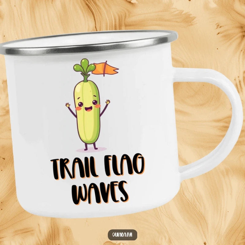Funny camping mug with a delighted anthropomorphic vegetable stick waving a tiny flag, perfect for outdoor trips and spreading cheer.