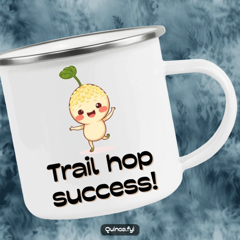 Funny camping mug featuring a cheerful quinoa sprout character in a playful hop, designed for outdoor fun and happy sipping.