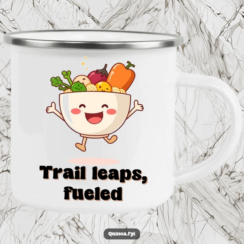 Funny camping mug featuring a joyful quinoa bowl and vegetables leaping, ready for outdoor fun.