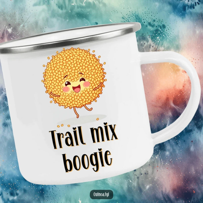 Funny camping mug featuring cheerful quinoa grains doing a happy little dance, perfect for outdoor enjoyment.