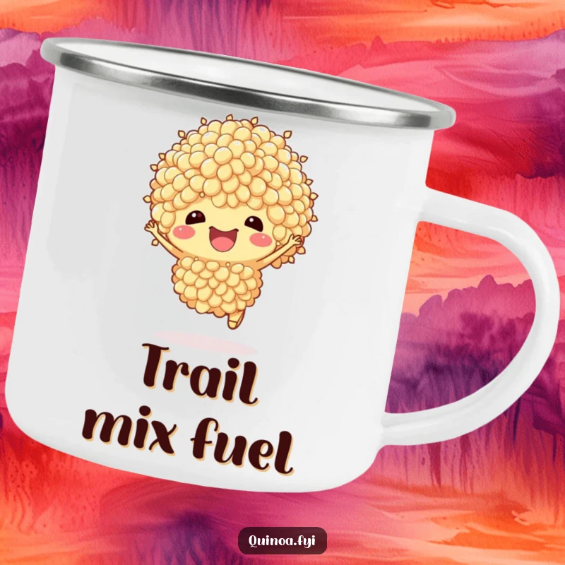Funny Quinoa Camping Mug: An anthropomorphic quinoa cluster hops with joy, designed for outdoor adventures and cheerful sipping.