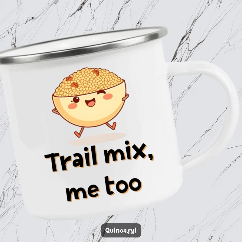 Funny cheerful bowl of quinoa with tiny legs skipping, bringing energy to your outdoor adventures.